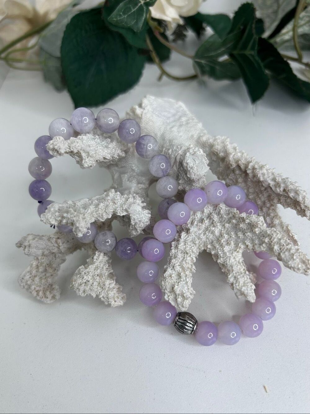 Lot of 2 Amethyst Beaded Stretch Bracelets Women's Purple Semi-precious Stone